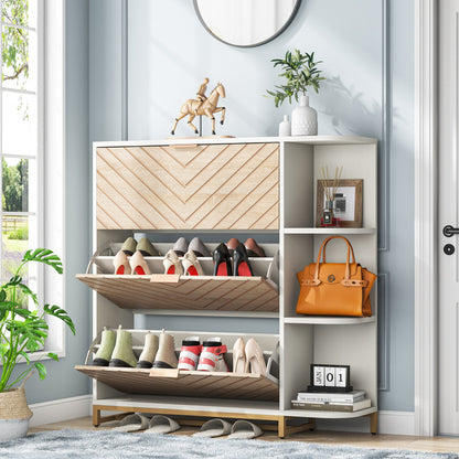 Modern Shoe Cabinet, Shoe Organizer with 3 Flip Drawers & Open Shelves