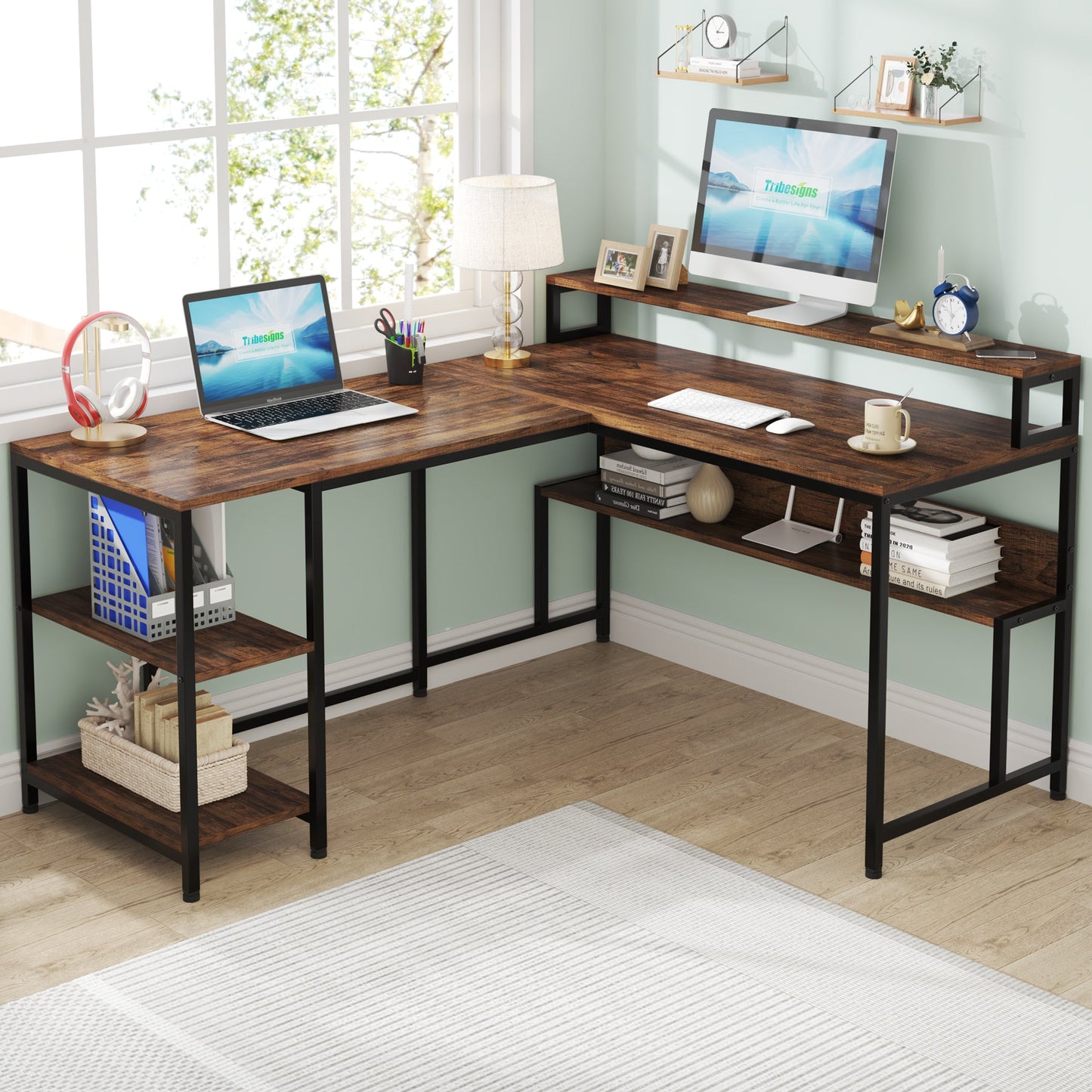 59" Corner Desk with Shelves & Monitor Stand