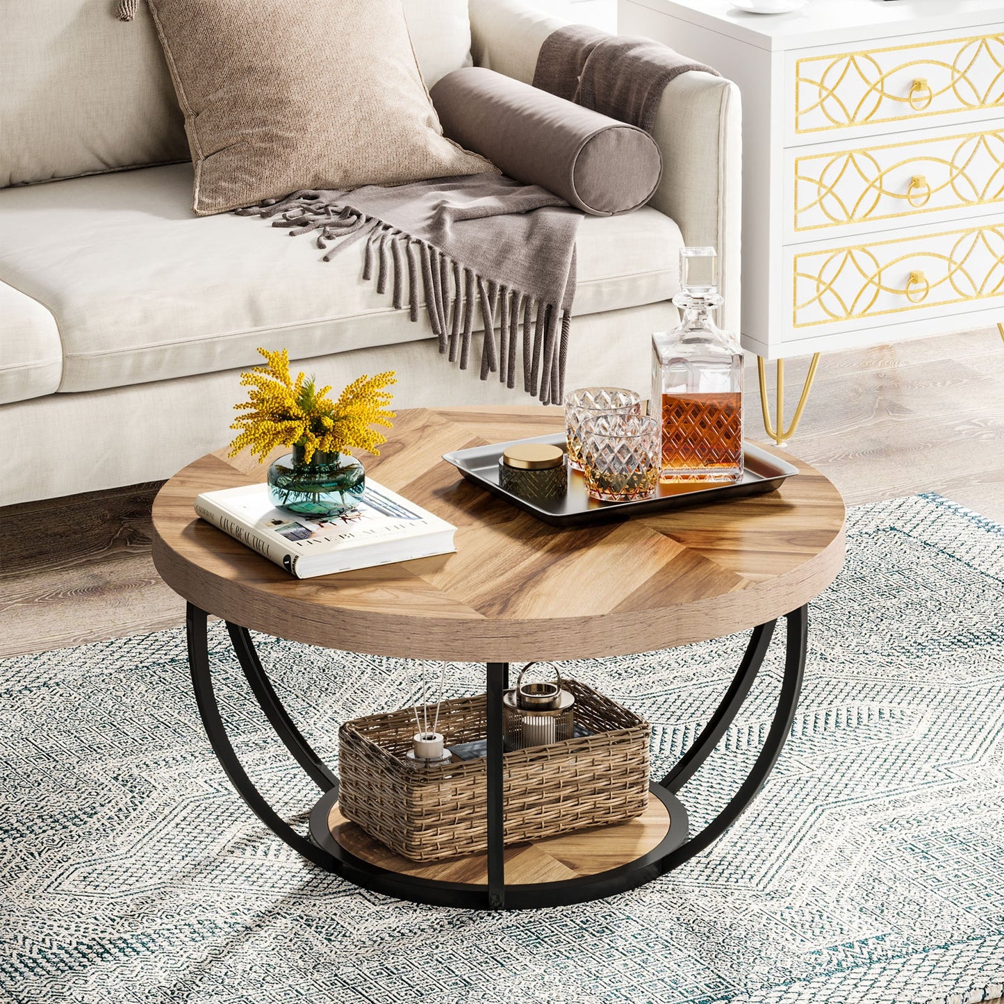 Round Central Cocktail Table with Shelves