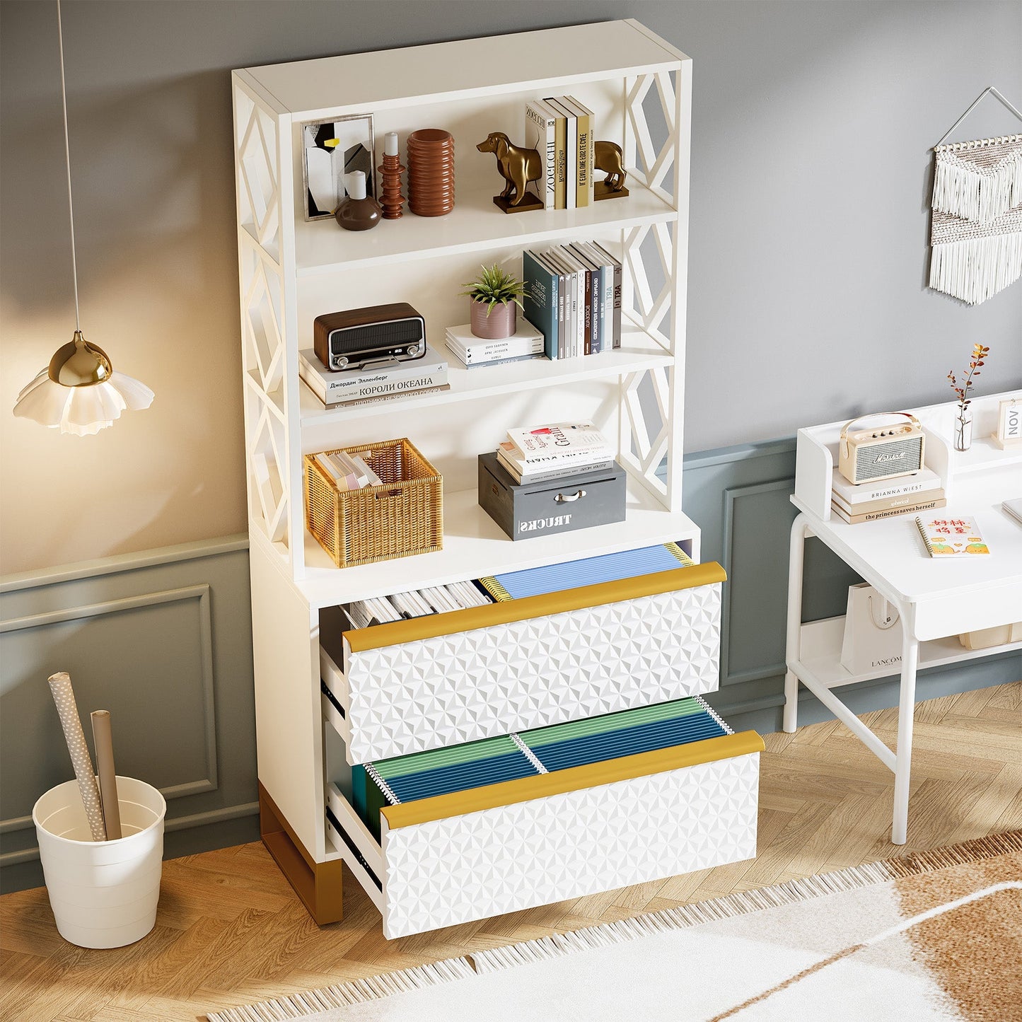 Vertical Filing Cabinet with with Open Shelves