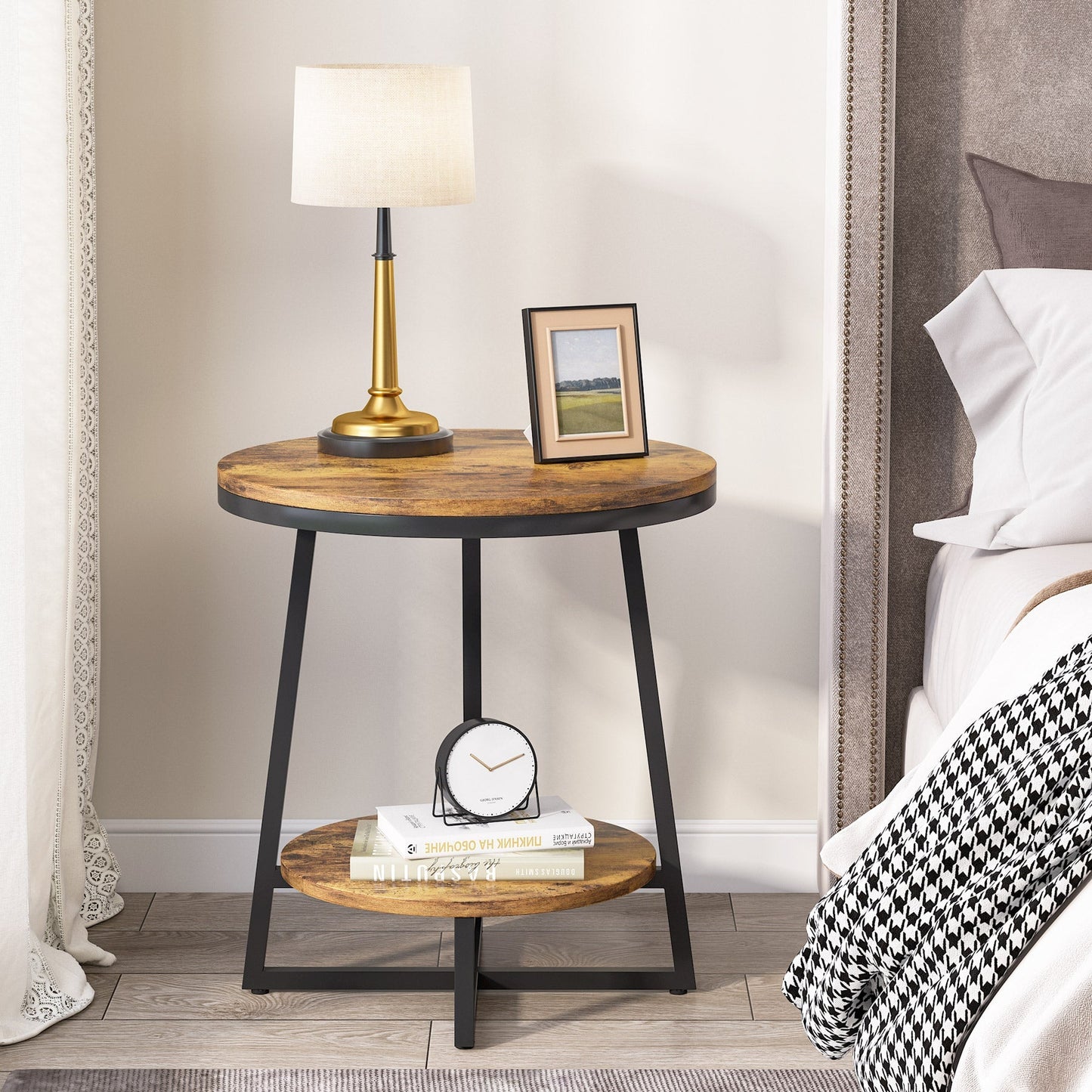 Round Accent Bedside Table with Storage Shelf