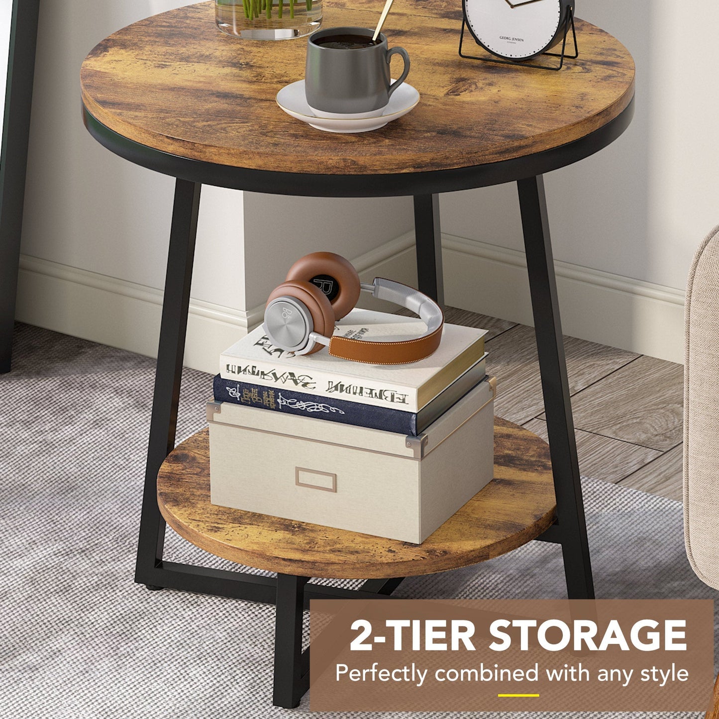 Round Accent Bedside Table with Storage Shelf