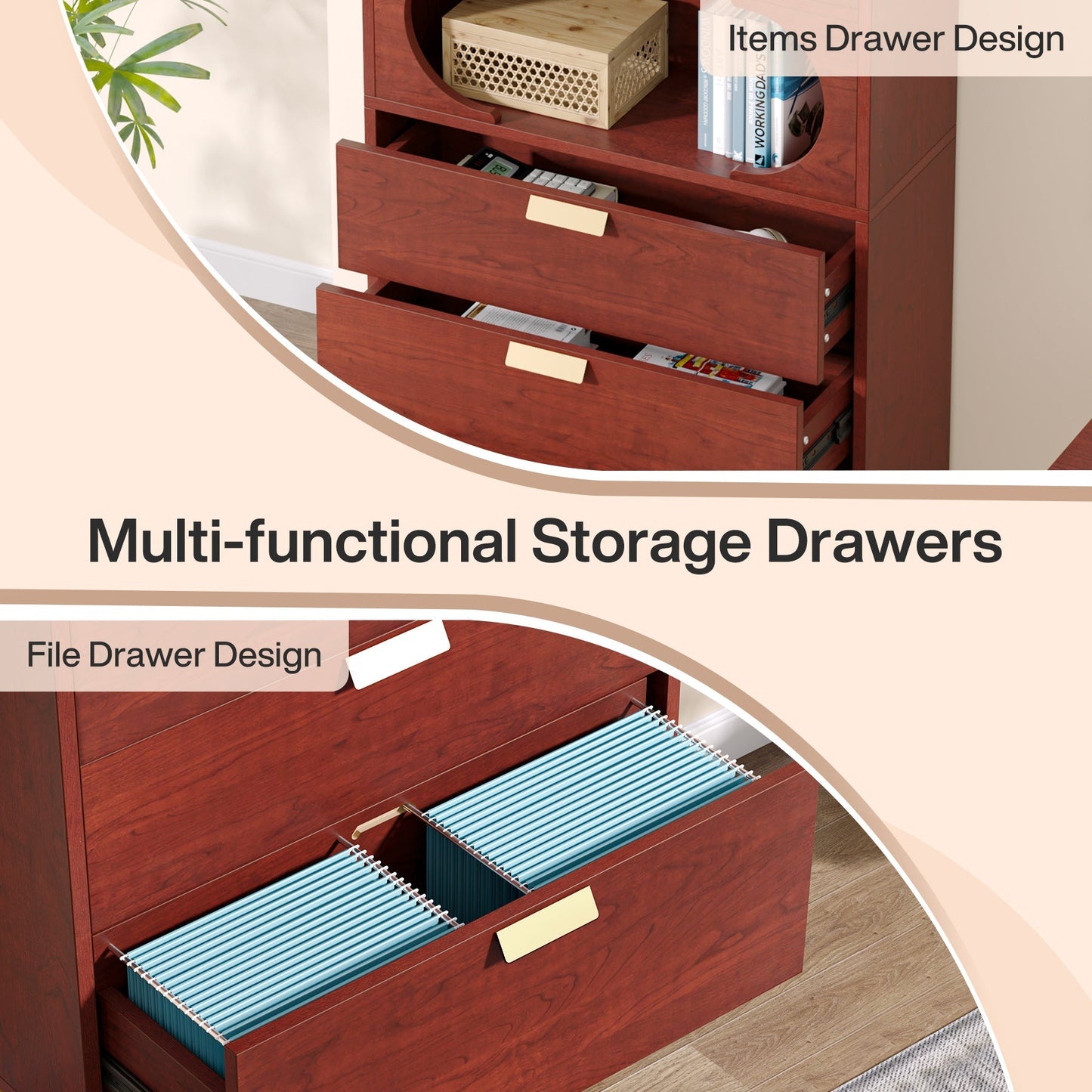 Freestanding Filing Cabinet with Open Storage Shelves