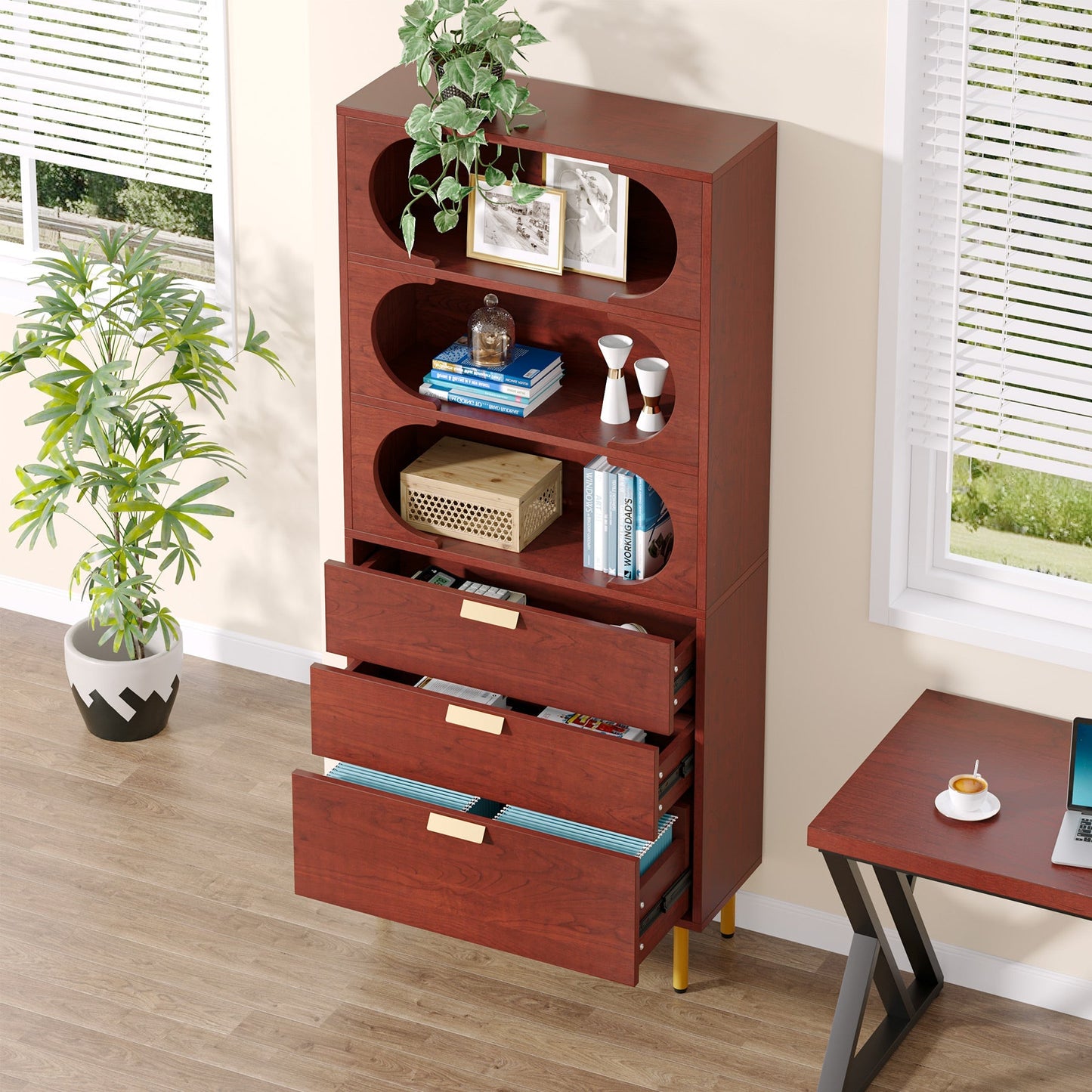 Freestanding Filing Cabinet with Open Storage Shelves