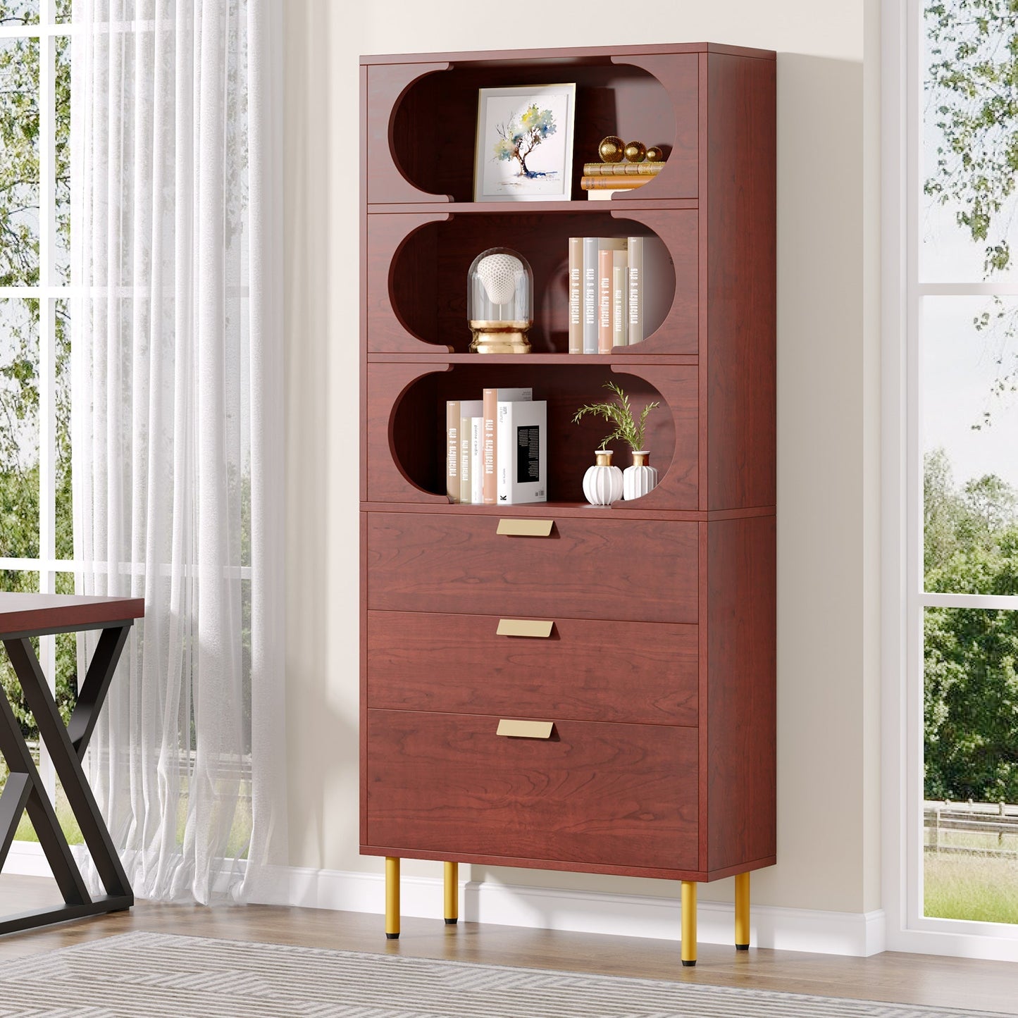 Freestanding Filing Cabinet with Open Storage Shelves