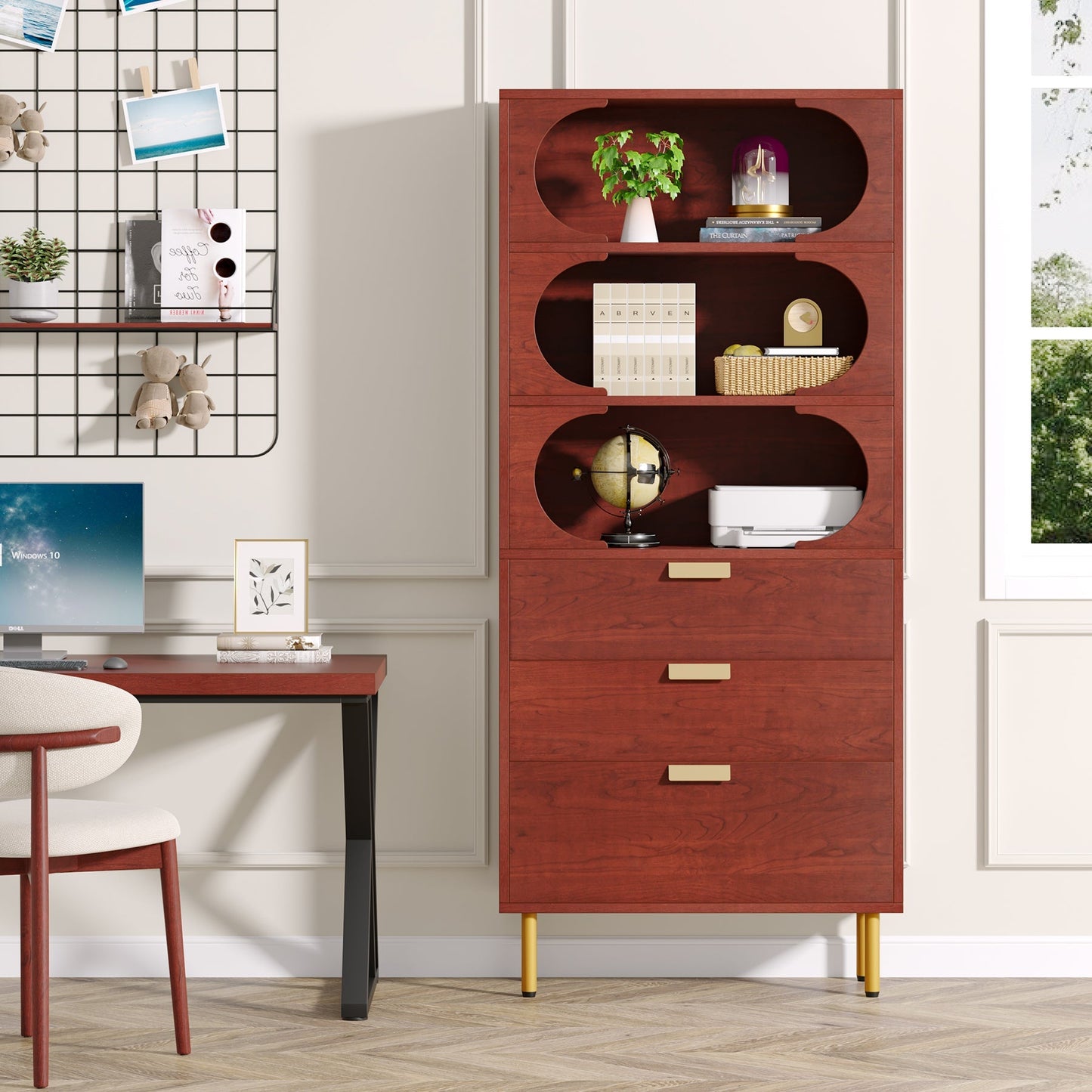 Freestanding Filing Cabinet with Open Storage Shelves