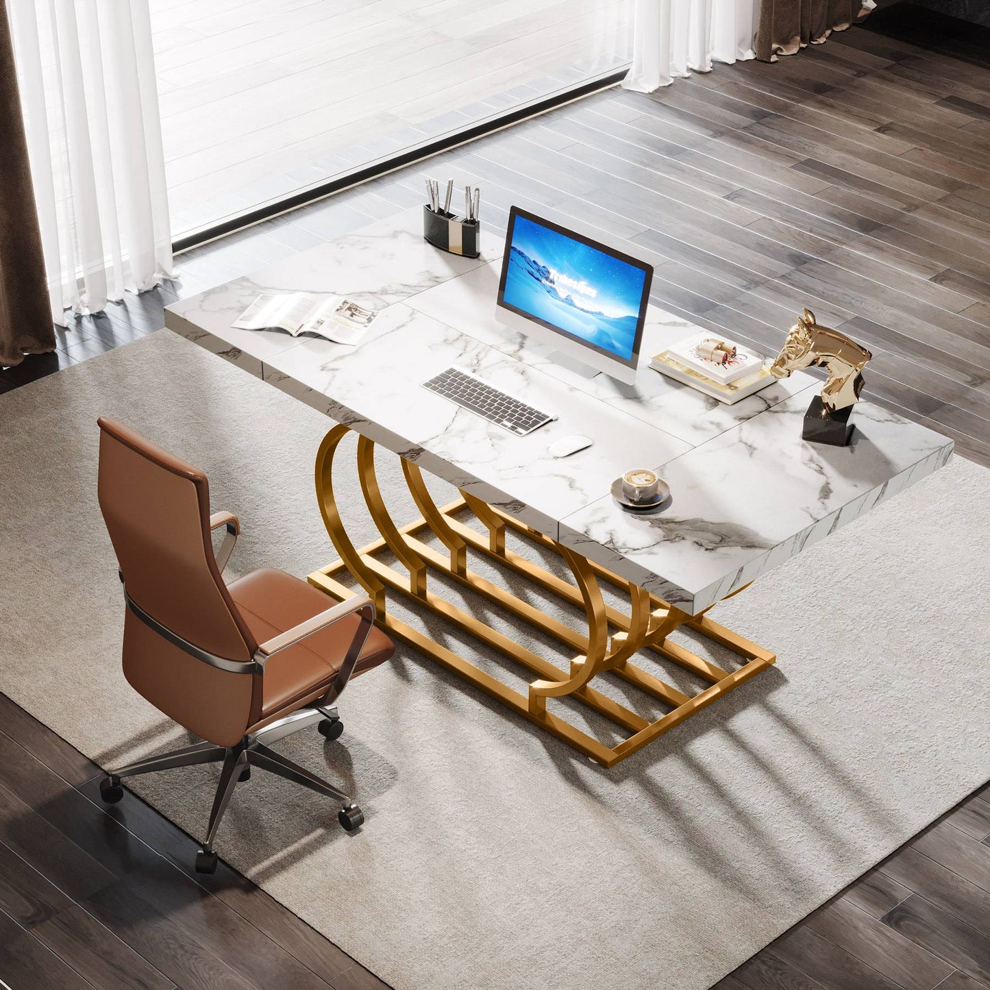 Modern Computer Office Desk with Faux Marble Top