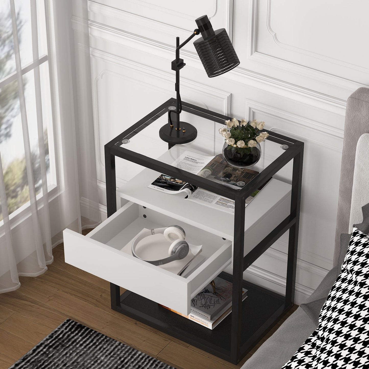 Modern Nightstand Side End Table with Drawer and Shelf