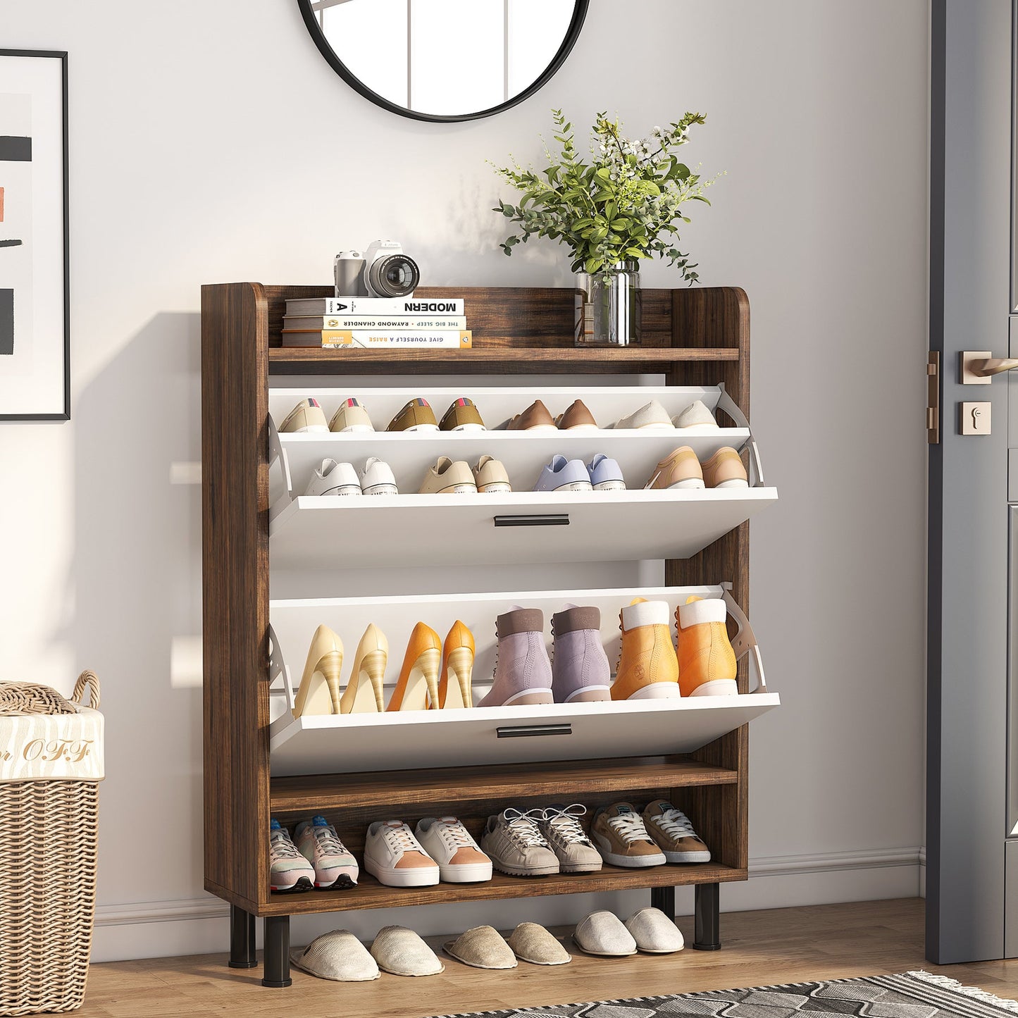 2-Tier Shoe Cabinet Shoe Organizer with Flip Doors & Open Shelves