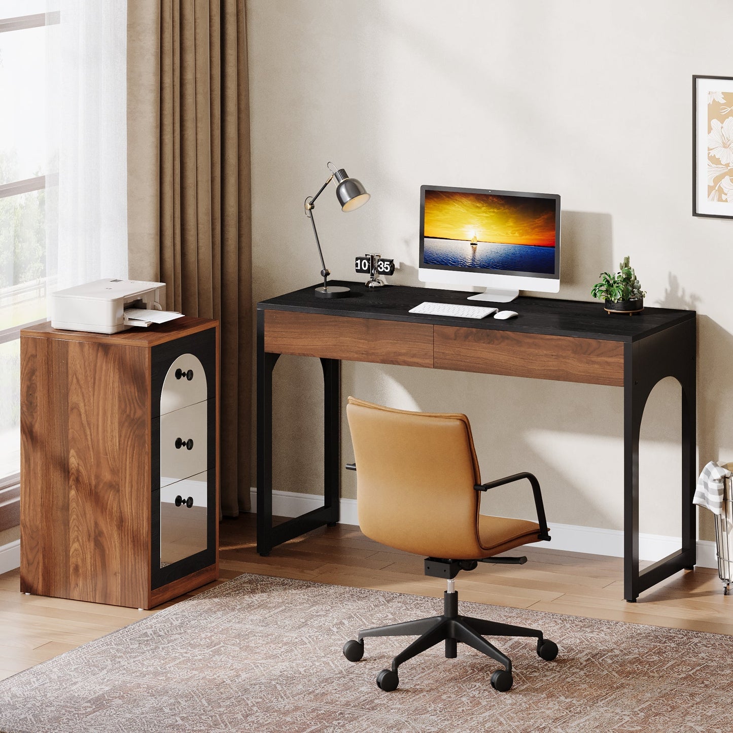 L-Shaped Writing Study Office Desk with File Drawer Cabinet