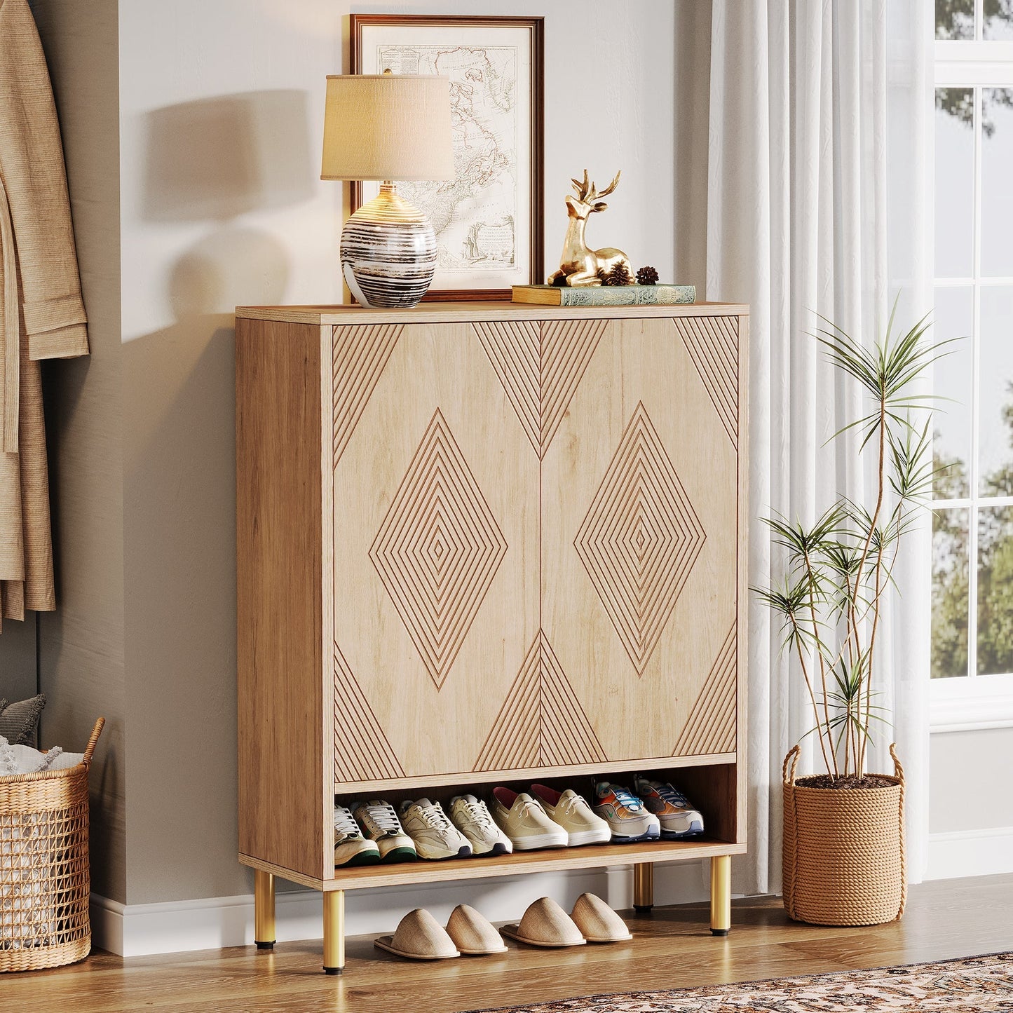 45" Shoe Cabinet, Wood Shoe Organizer Rack With Adjustable Shelves