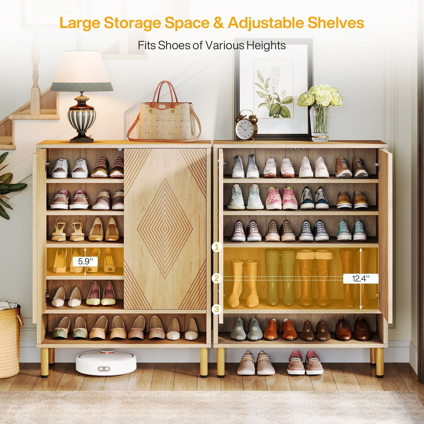 45" Shoe Cabinet, Wood Shoe Organizer Rack With Adjustable Shelves