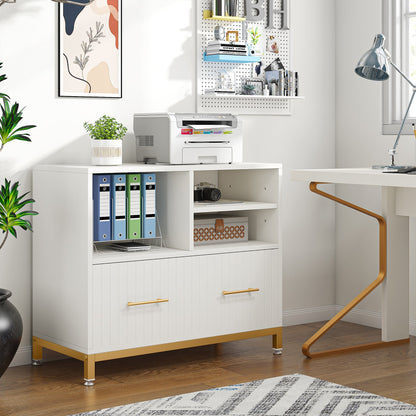 Lateral File Cabinet Printer Stand with Drawer & Open Storage Spaces