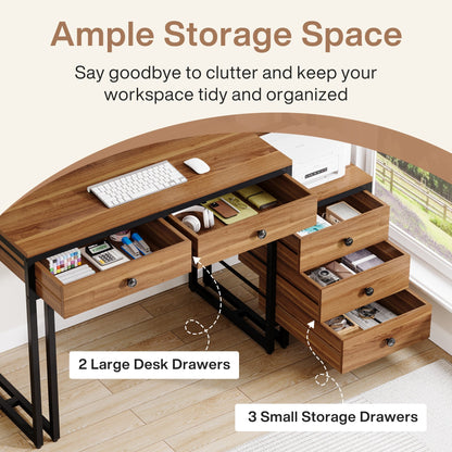 Industrial Office Desk with Monitor Riser and 5 Drawers