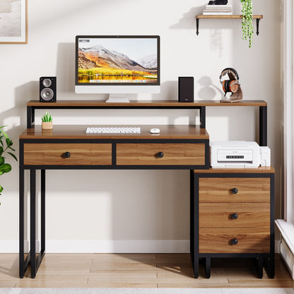 Industrial Office Desk with Monitor Riser and 5 Drawers