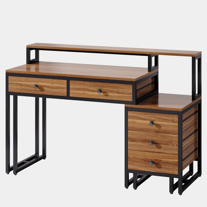 Industrial Office Desk with Monitor Riser and 5 Drawers