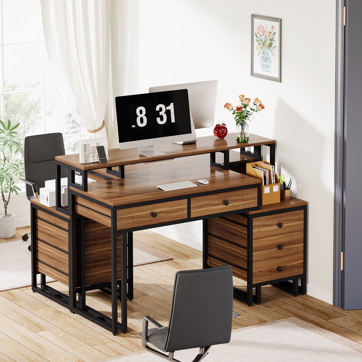 Industrial Office Desk with Monitor Riser and 5 Drawers