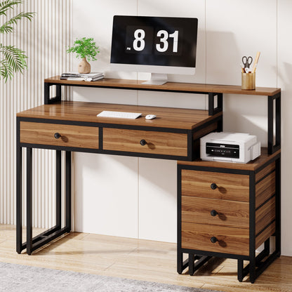 Industrial Office Desk with Monitor Riser and 5 Drawers