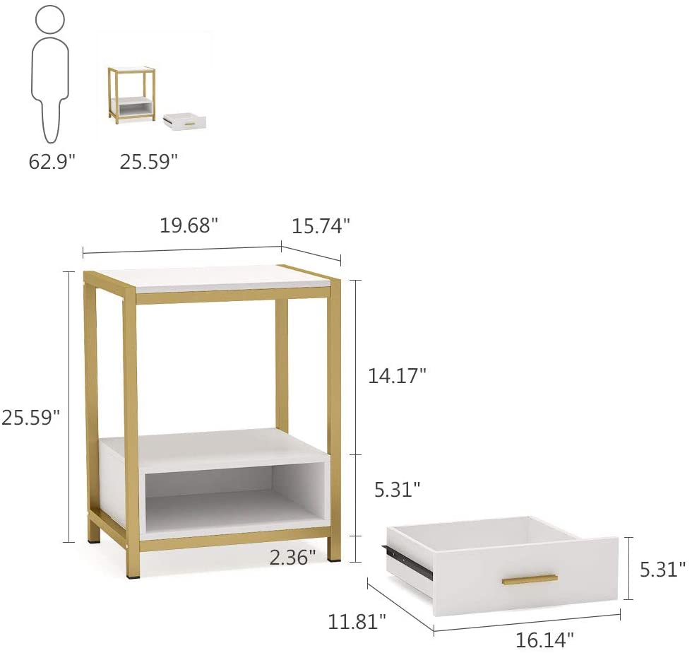 Tall End Side Table with Drawer & Storage Shelf