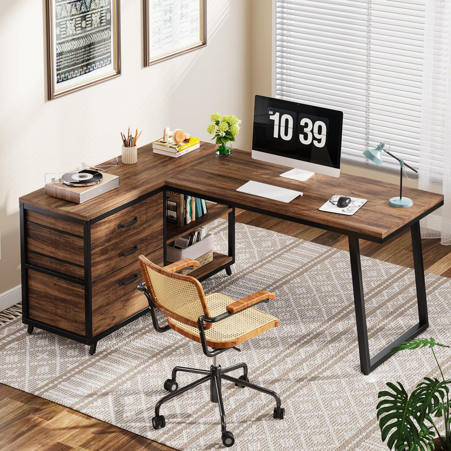 53" Reversible L-Shaped Computer Desk With 3 Drawers & Shelves