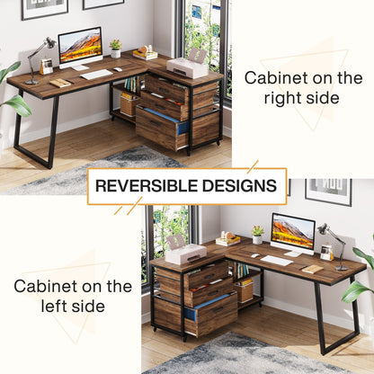 53" Reversible L-Shaped Computer Desk With 3 Drawers & Shelves