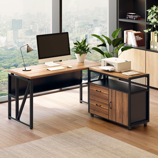 55" / 63" L-Shaped Executive Desk with Storage Shelves and Mobile File Cabinet