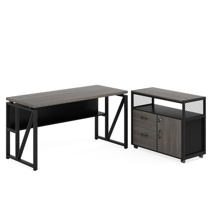 55" / 63" L-Shaped Executive Desk with Storage Shelves and Mobile File Cabinet