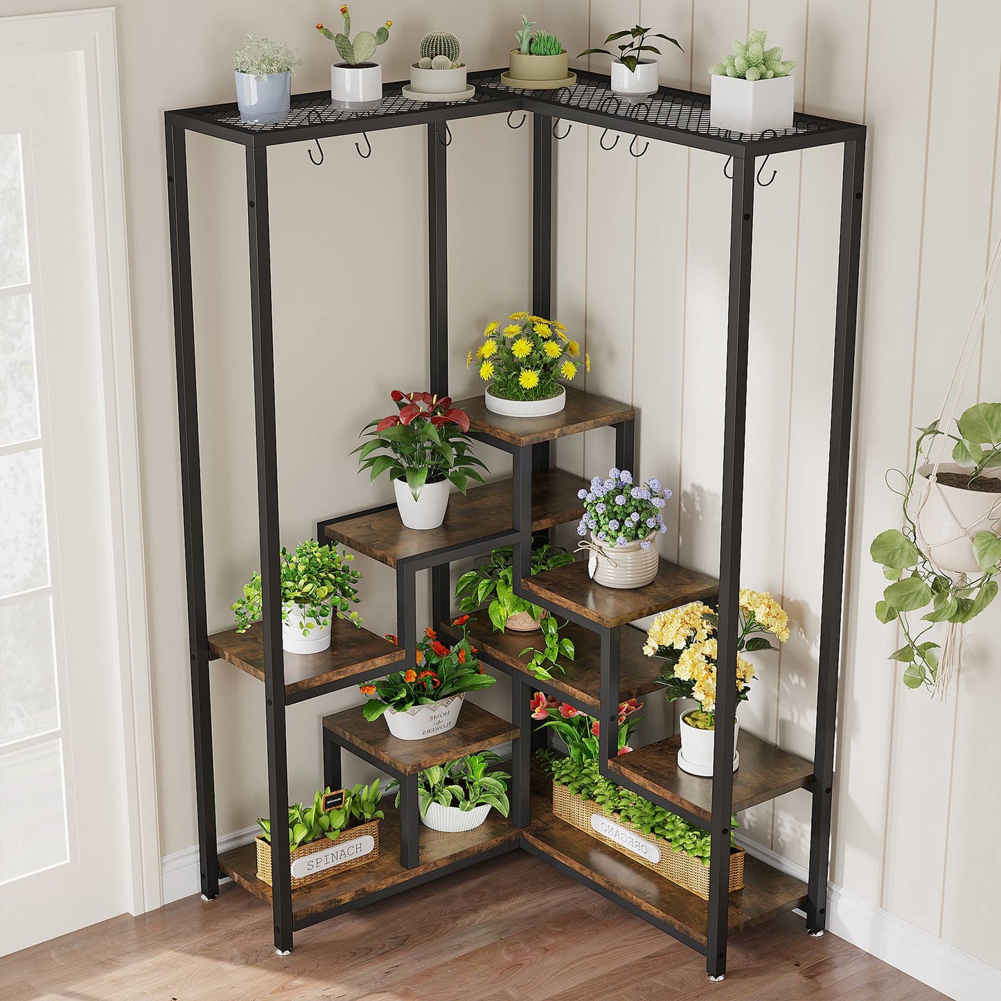 Corner Flower Shelf with S Hanging Hooks