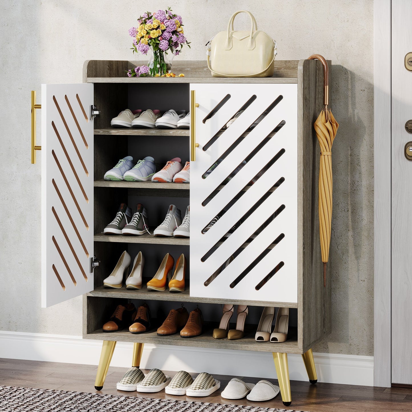 6-Tier Shoe Cabinet, Wooden Shoe Rack Organizer with Adjustable Shelves