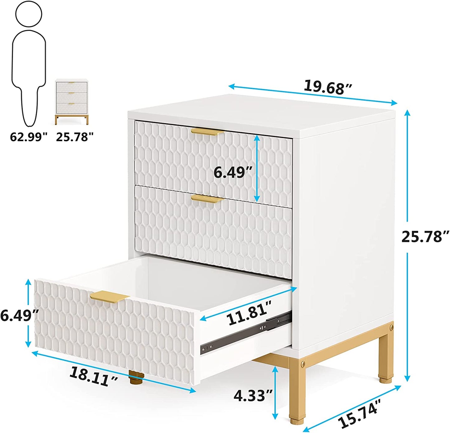 Tall Bedside Table with 3 Drawers