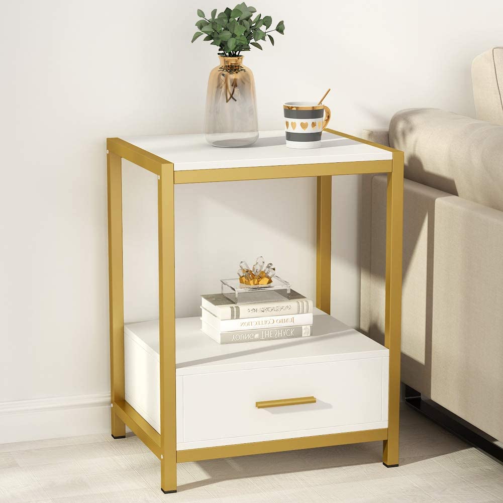 Tall End Side Table with Drawer & Storage Shelf