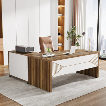 L Shaped Computer Desk with Storage Cabinet and Drawers