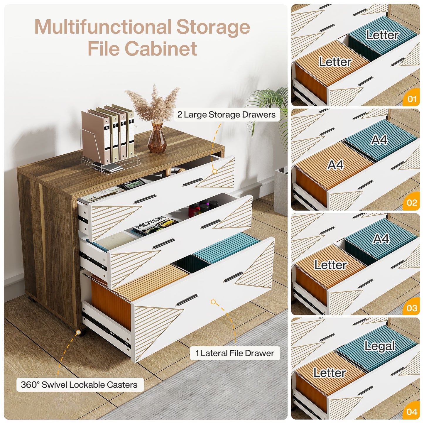 L Shaped Computer Desk with Storage Cabinet and Drawers