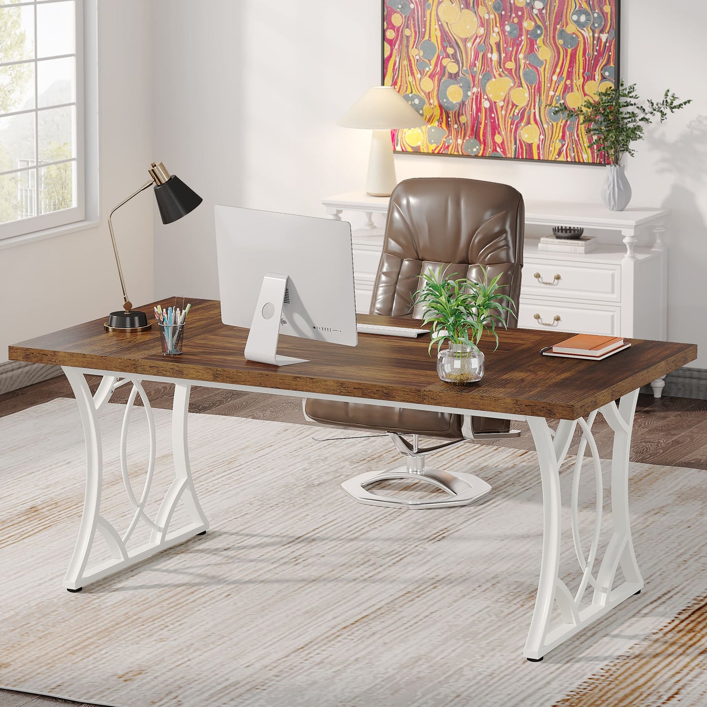 Industrial Computer Desk with Wooden Tabletop