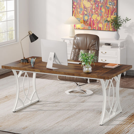 Industrial Computer Desk with Wooden Tabletop