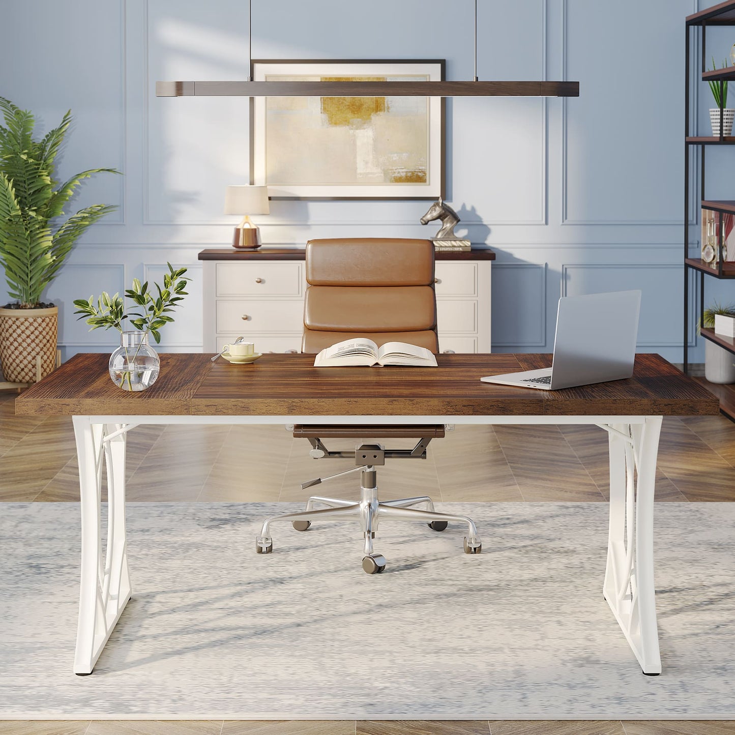 Industrial Computer Desk with Wooden Tabletop