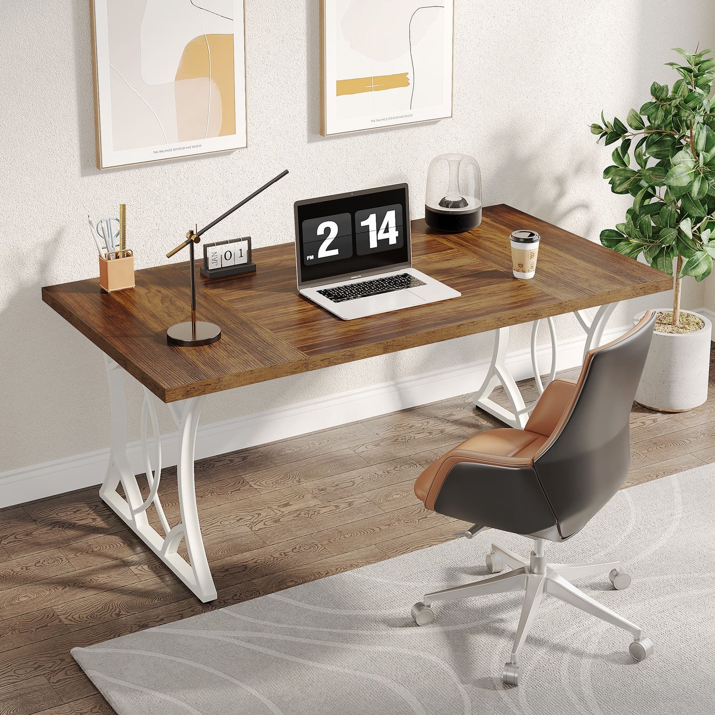 Industrial Computer Desk with Wooden Tabletop