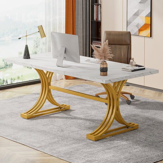 63" Modern Executive Computer Desk with Faux Marble Tabletop