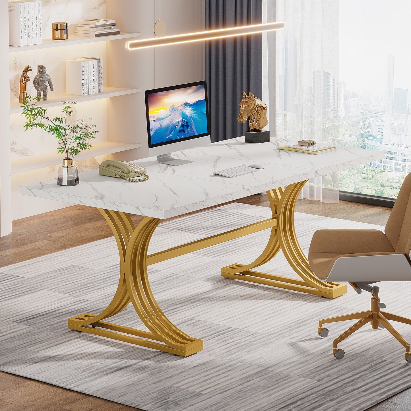 63" Modern Executive Computer Desk with Faux Marble Tabletop