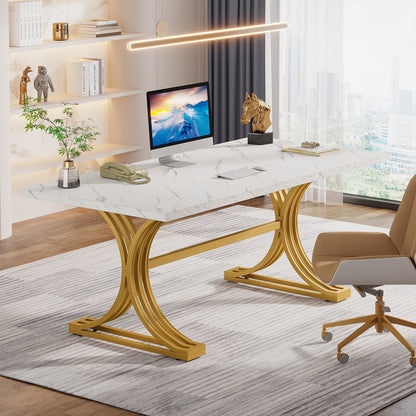 63" Modern Executive Computer Desk with Faux Marble Tabletop