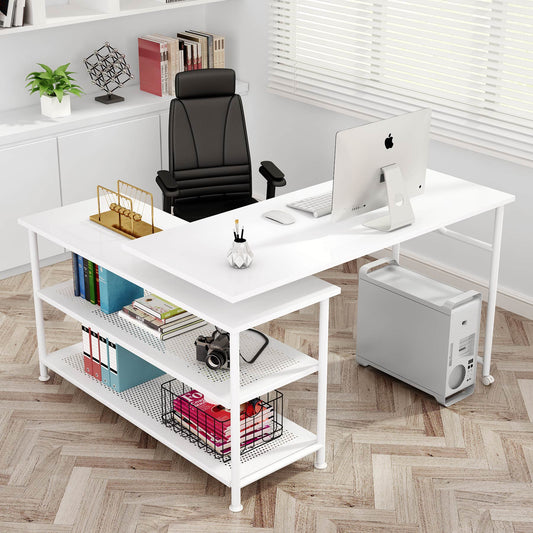 Modern L-Shaped Desk with Storage Shelves