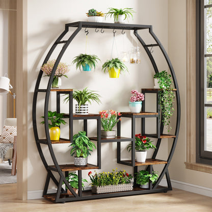 Multi-Tiered Flower Plant Shelf with 8 Hanging Hooks