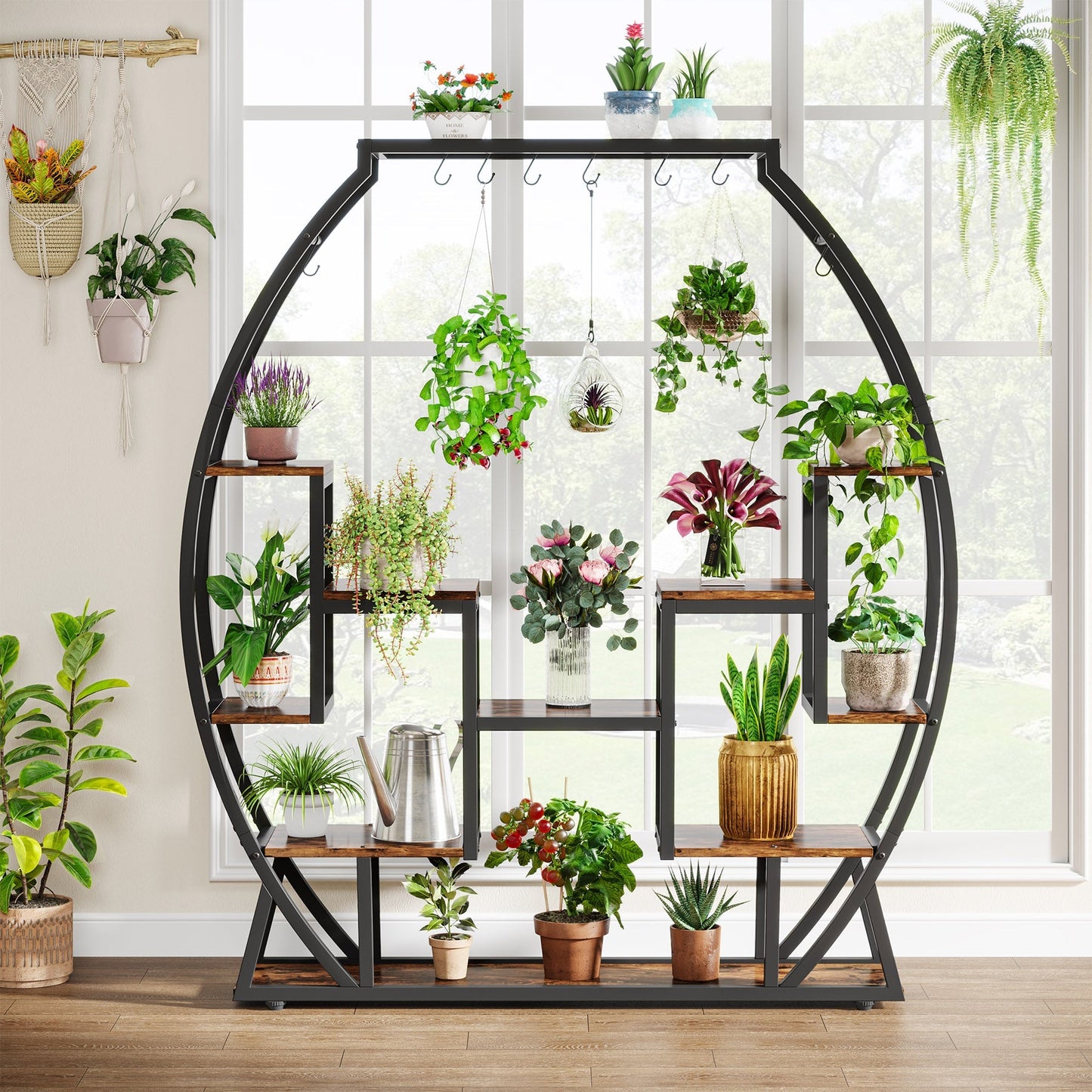 Multi-Tiered Flower Plant Shelf with 8 Hanging Hooks