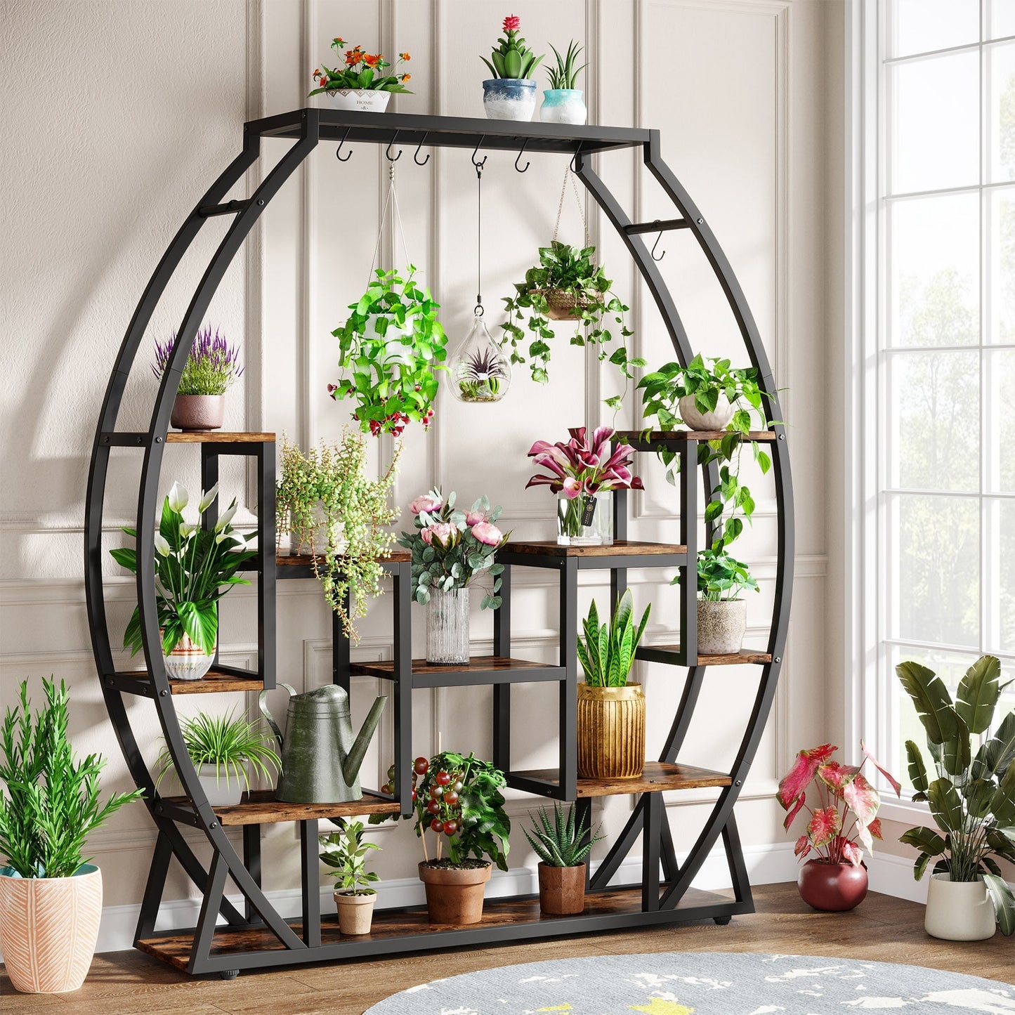 Multi-Tiered Flower Plant Shelf with 8 Hanging Hooks