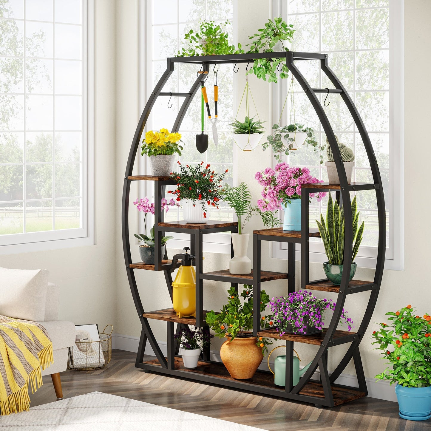 Multi-Tiered Flower Plant Shelf with 8 Hanging Hooks