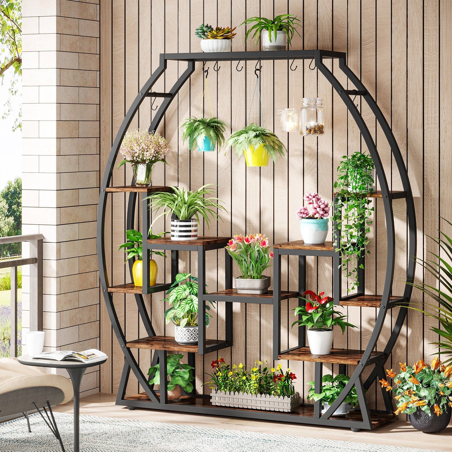 Multi-Tiered Flower Plant Shelf with 8 Hanging Hooks