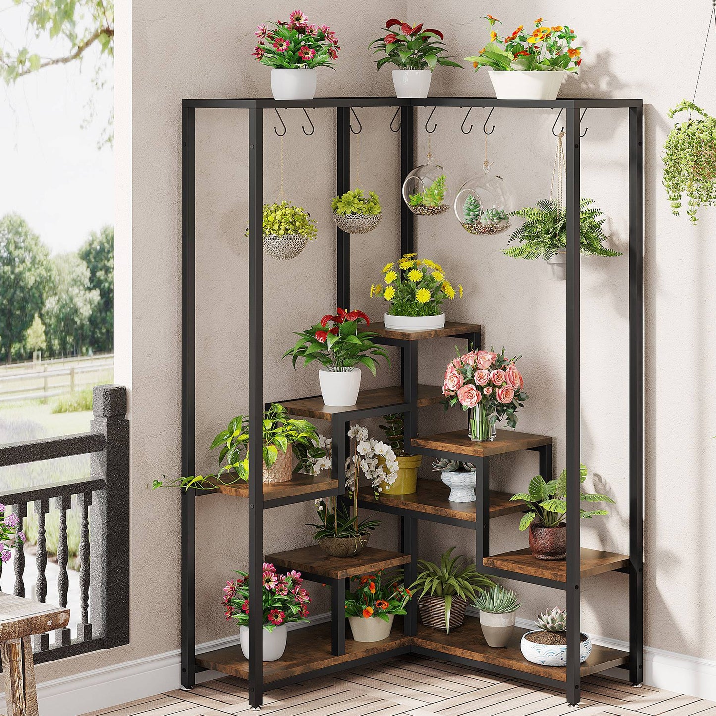 Corner Flower Shelf with S Hanging Hooks