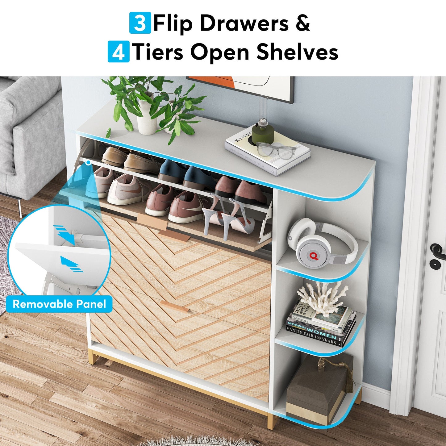 Modern Shoe Cabinet, Shoe Organizer with 3 Flip Drawers & Open Shelves