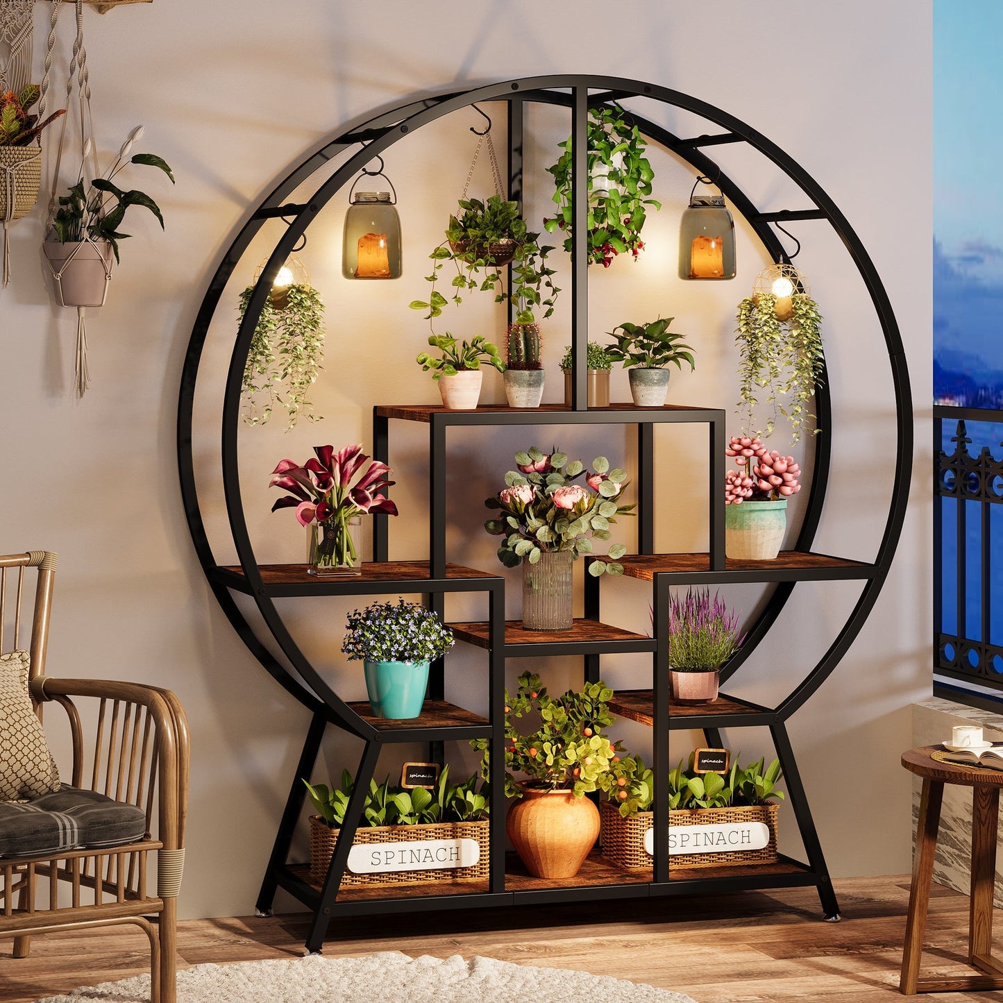 65" Tall Plant Shelf with 6 S Hanging Hooks