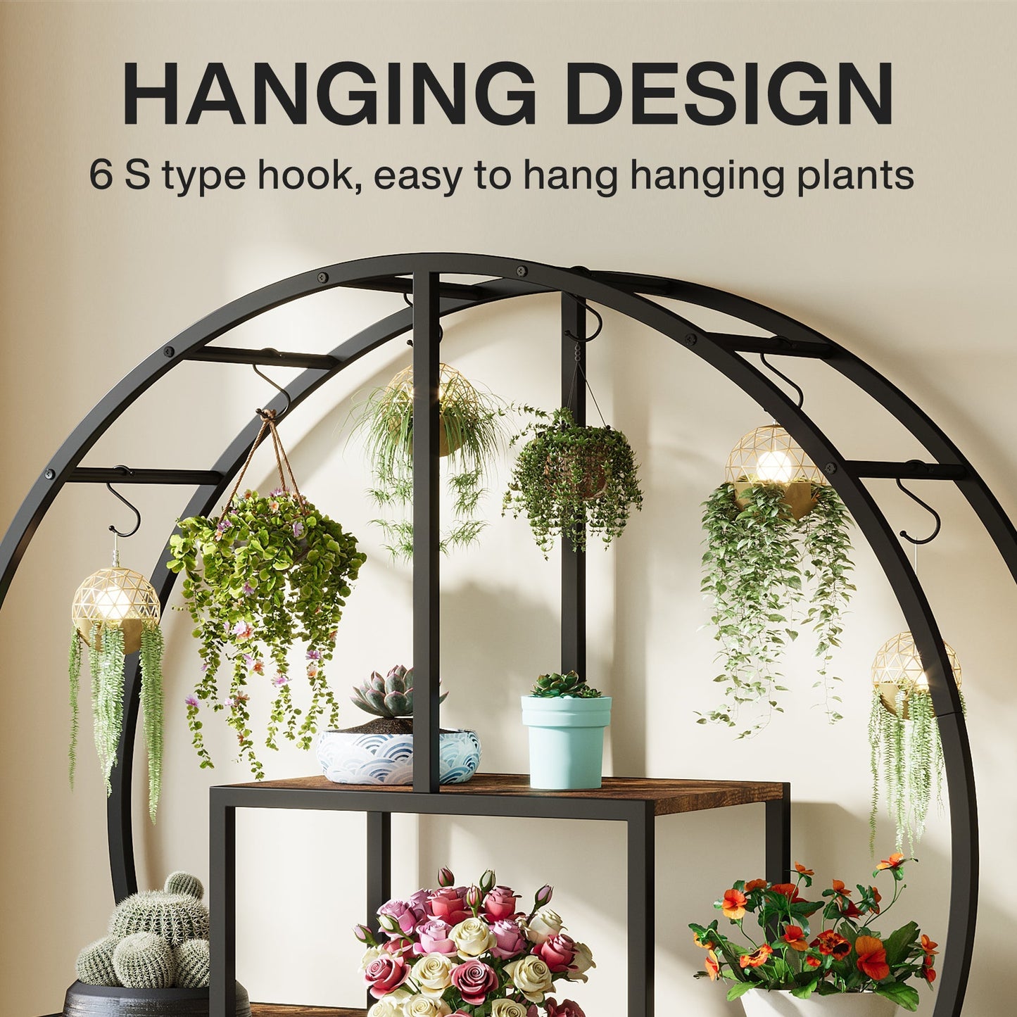 65" Tall Plant Shelf with 6 S Hanging Hooks